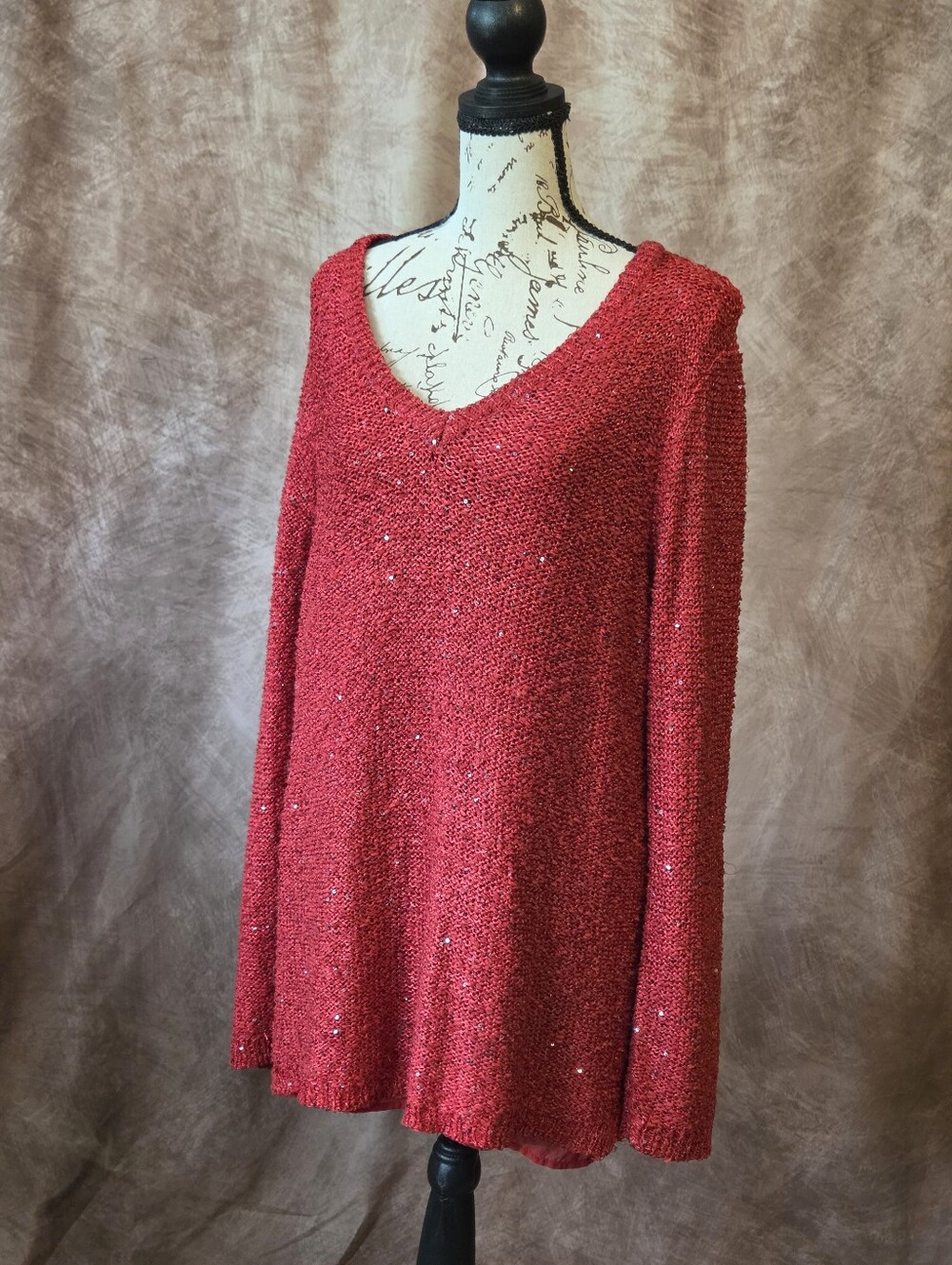 Apt. 9 Red Sequin Open Knit V-Neck Sweater Women’s XL Long Sleeve